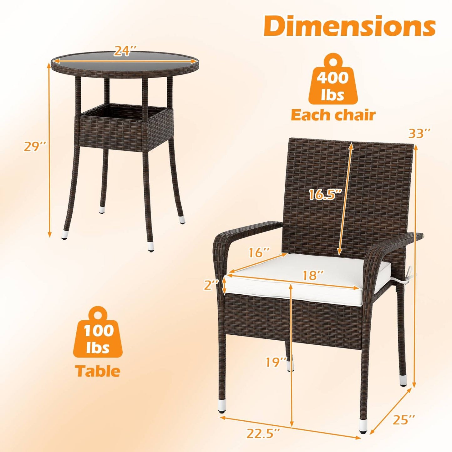 3-Piece Patio Conversation Set with Tempered Glass Table