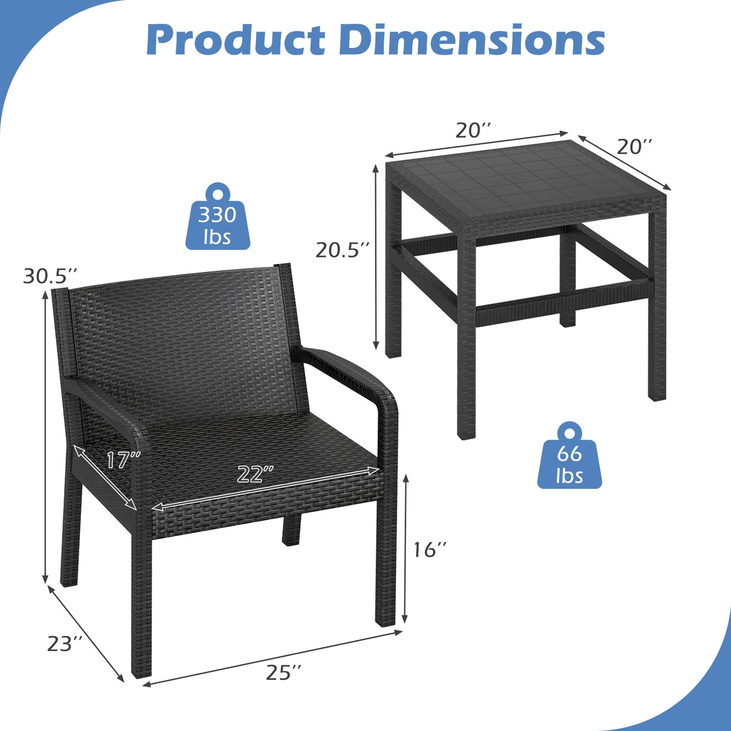 3-Piece Patio Conversation Set with Rattan Armchairs & Table
