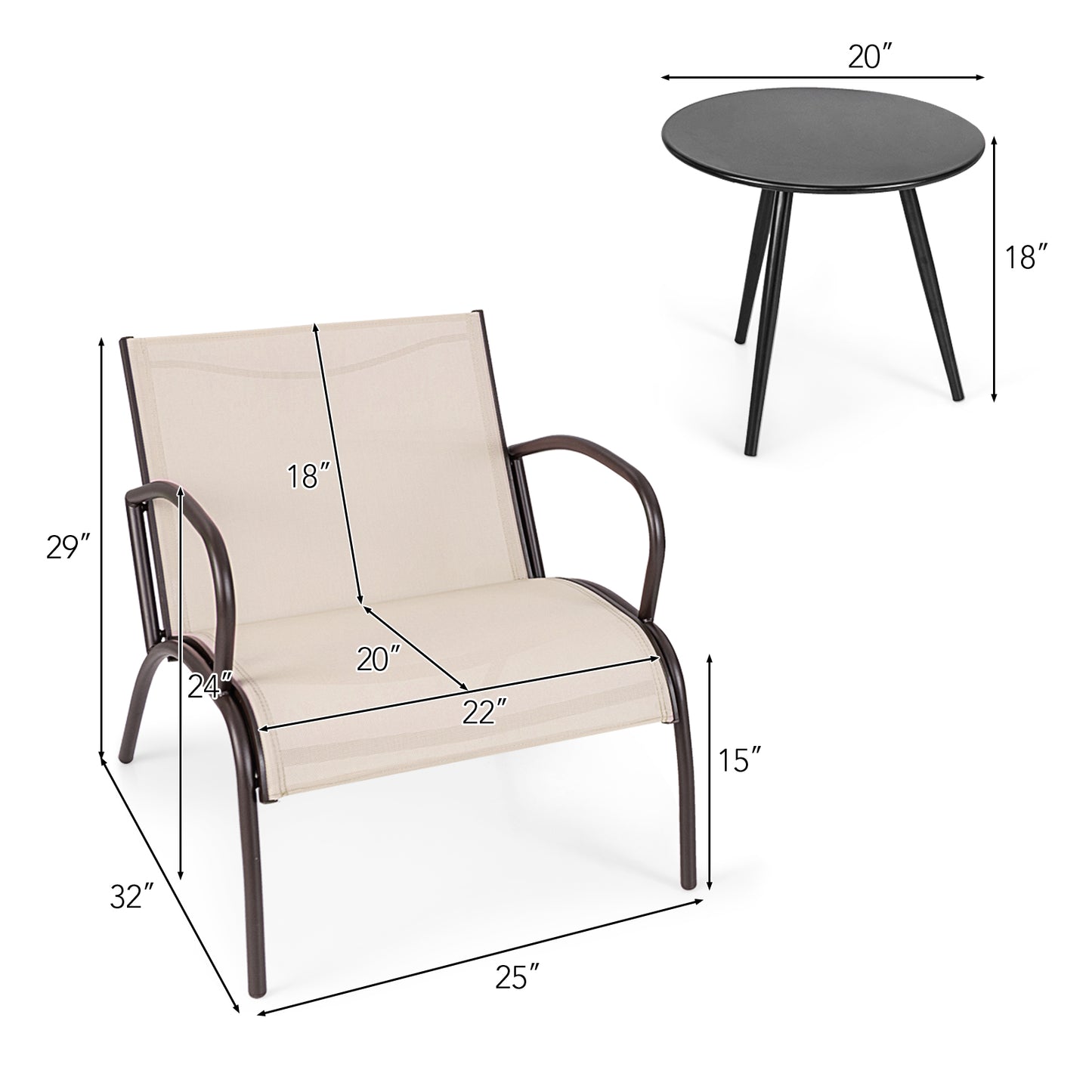 3-Piece Patio Conversation Set with Wide Armchairs and Table