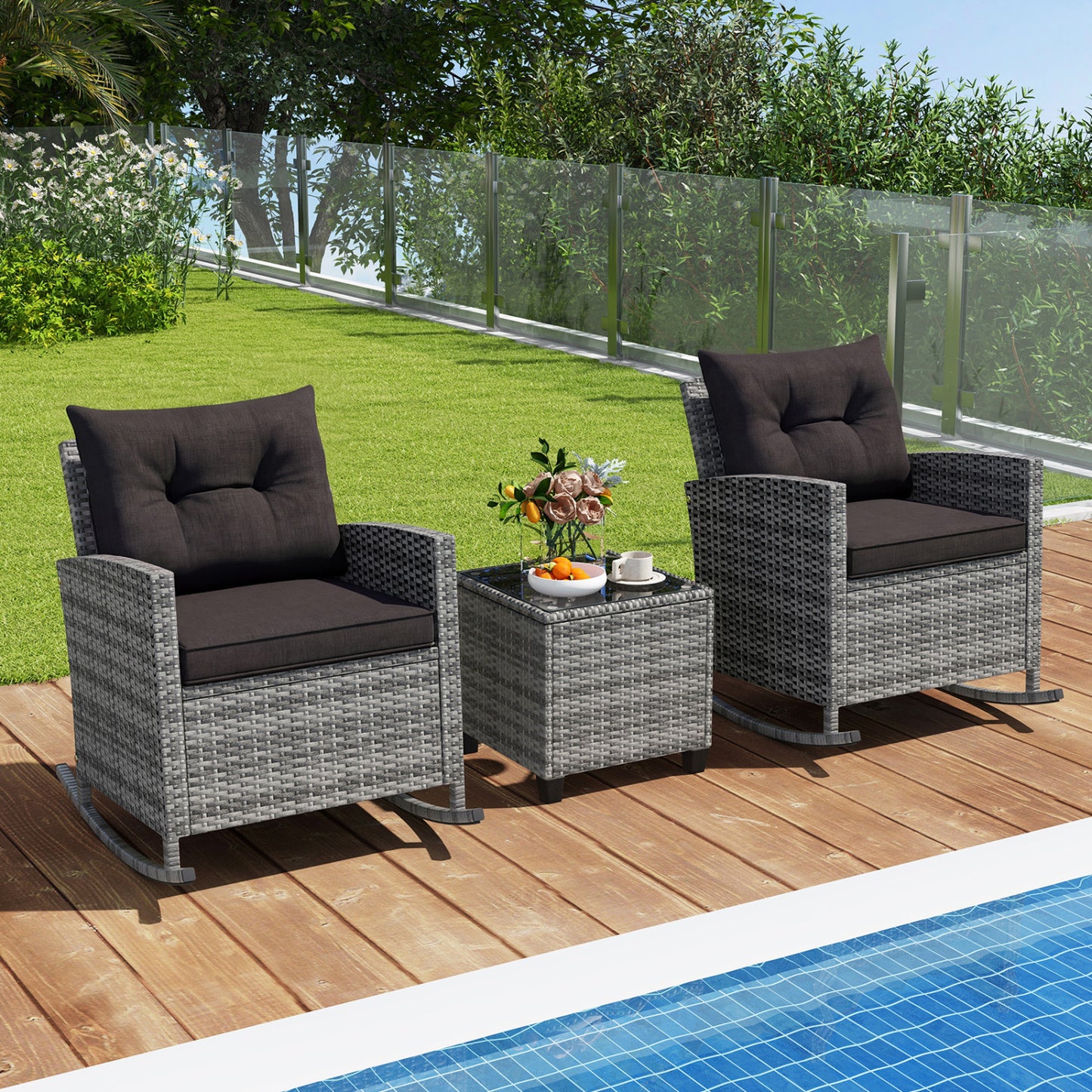 3-Piece Patio Rocking Chair Set with Glass Table