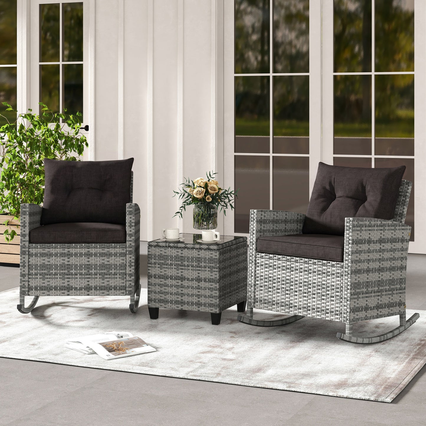 3-Piece Patio Rocking Chair Set with Glass Table