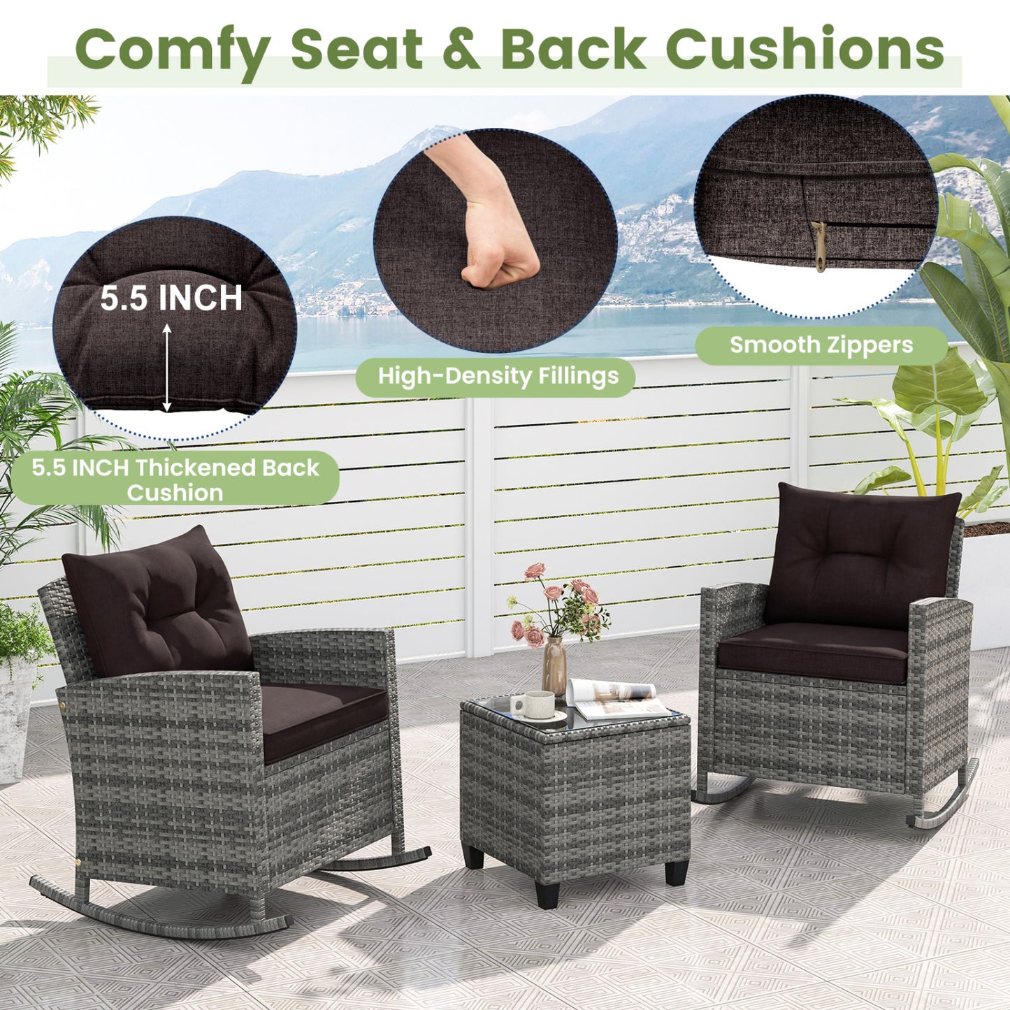 3-Piece Patio Rocking Chair Set with Glass Table