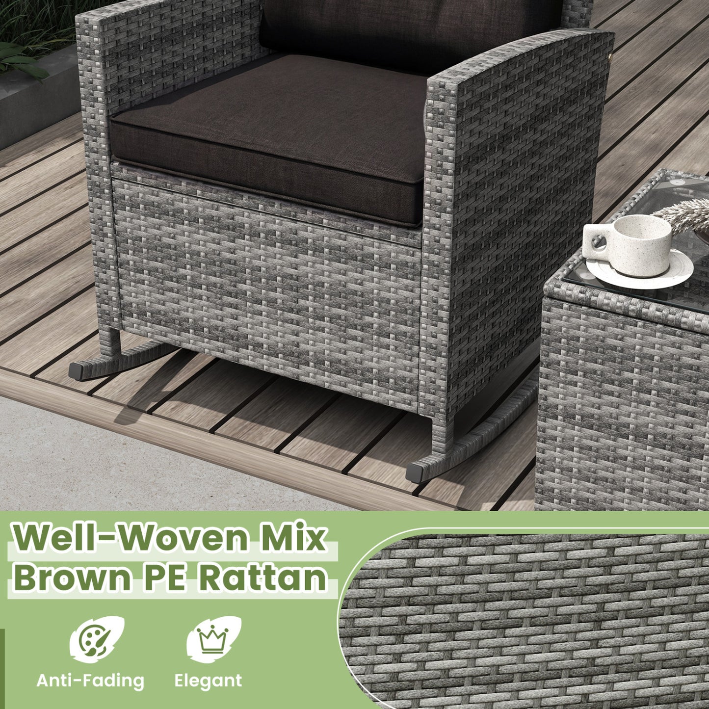 3-Piece Patio Rocking Chair Set with Glass Table