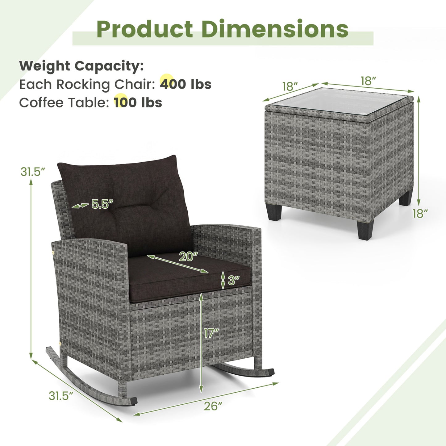3-Piece Patio Rocking Chair Set with Glass Table