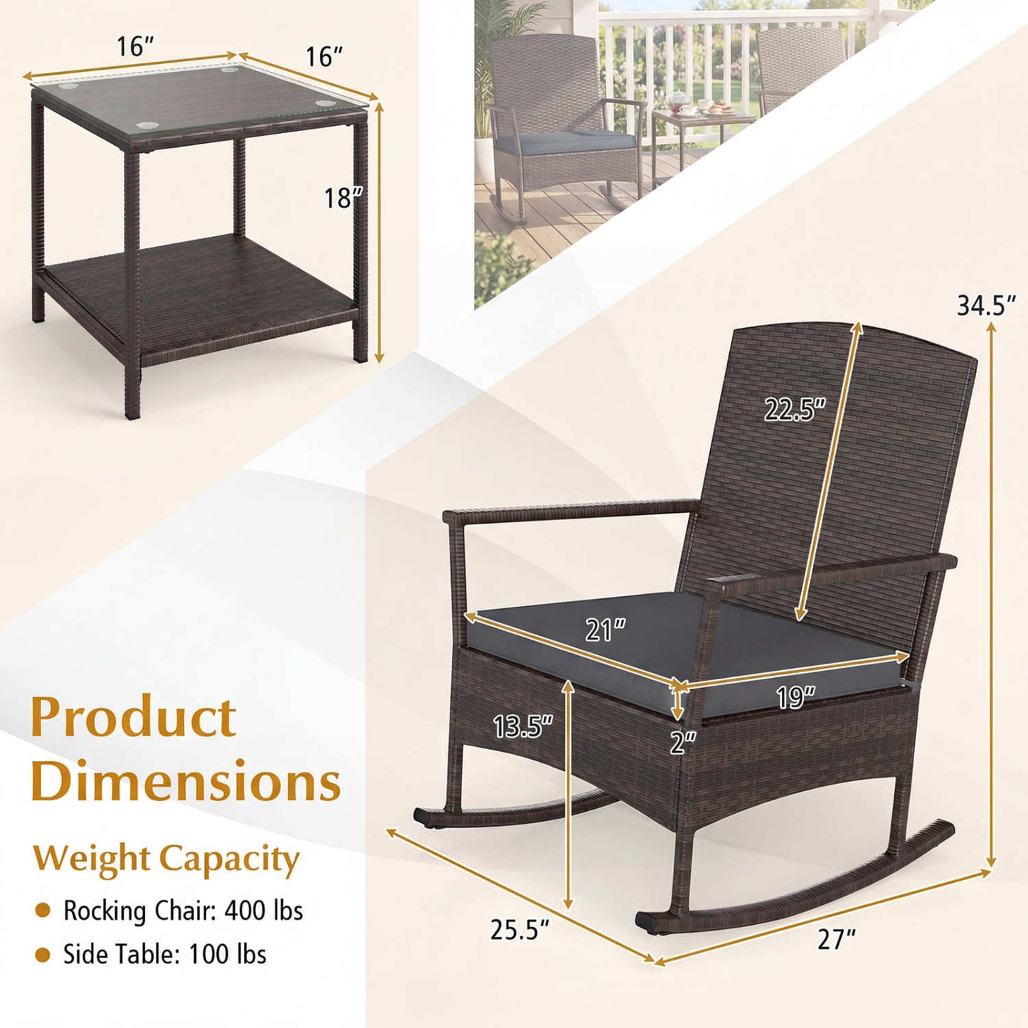 3-Piece Patio Rocking Chair Set with Coffee Table