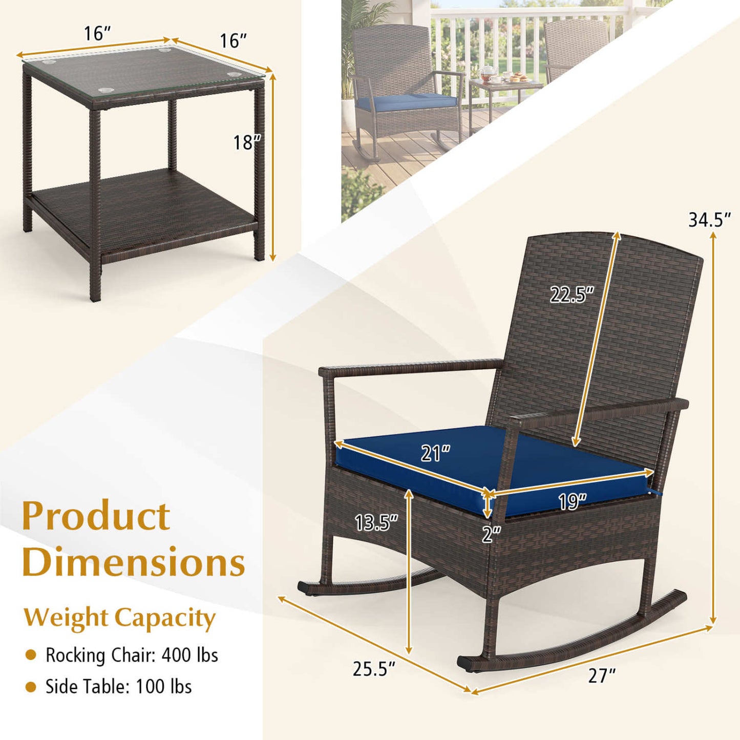3-Piece Patio Rocking Chair Set with Coffee Table