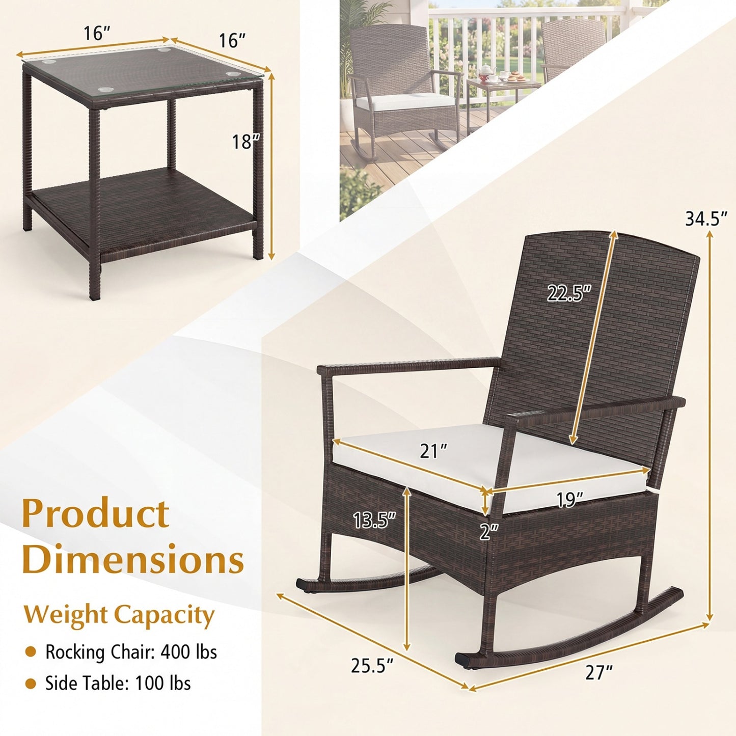 3-Piece Patio Rocking Chair Set with Coffee Table