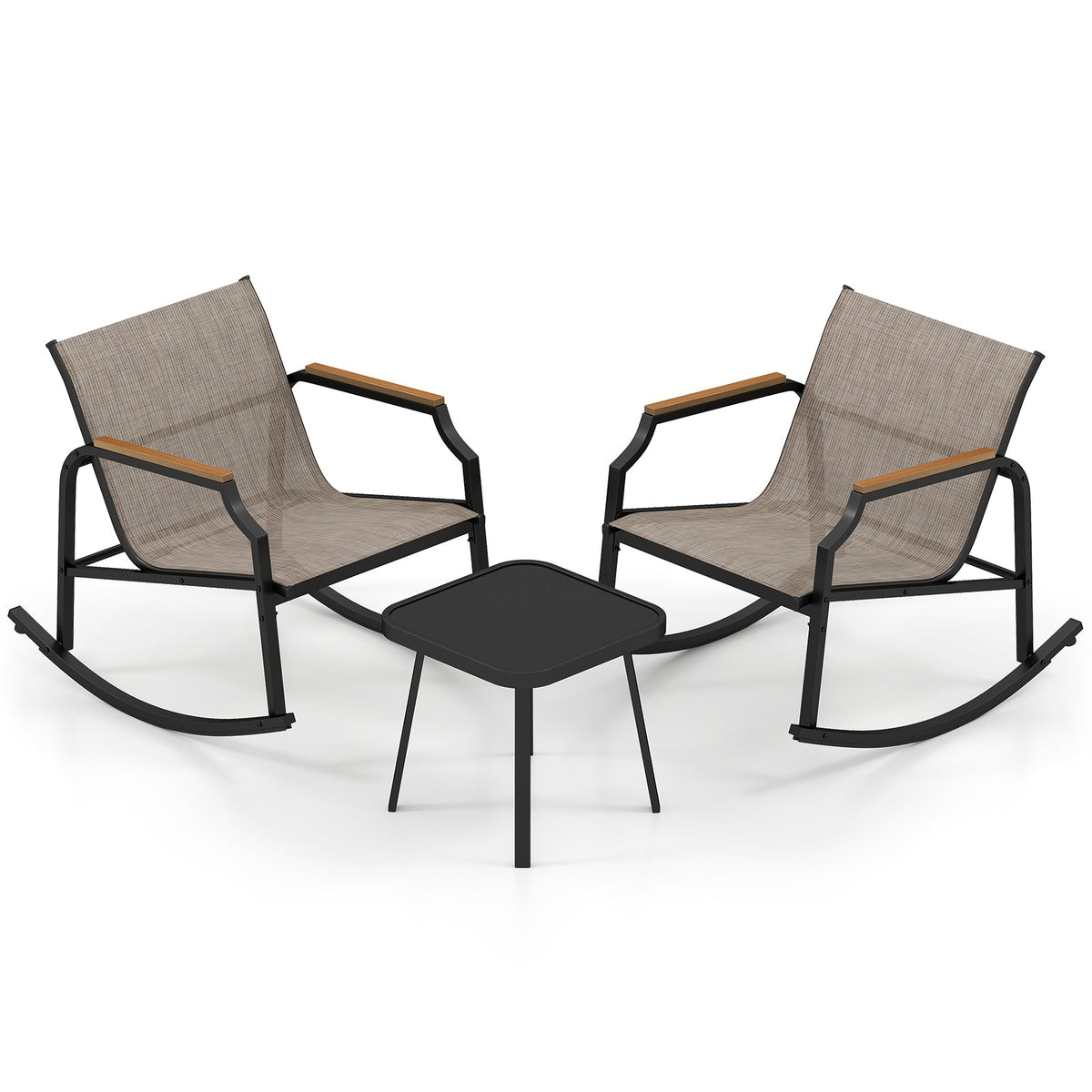 3 Piece Patio Rocking Bistro Set with Tempered Glass Coffee Table and Armrests for Porch-Brown