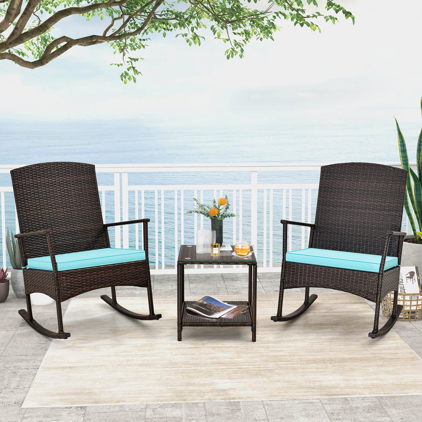 3-Piece Patio Rocking Chair Set with Coffee Table