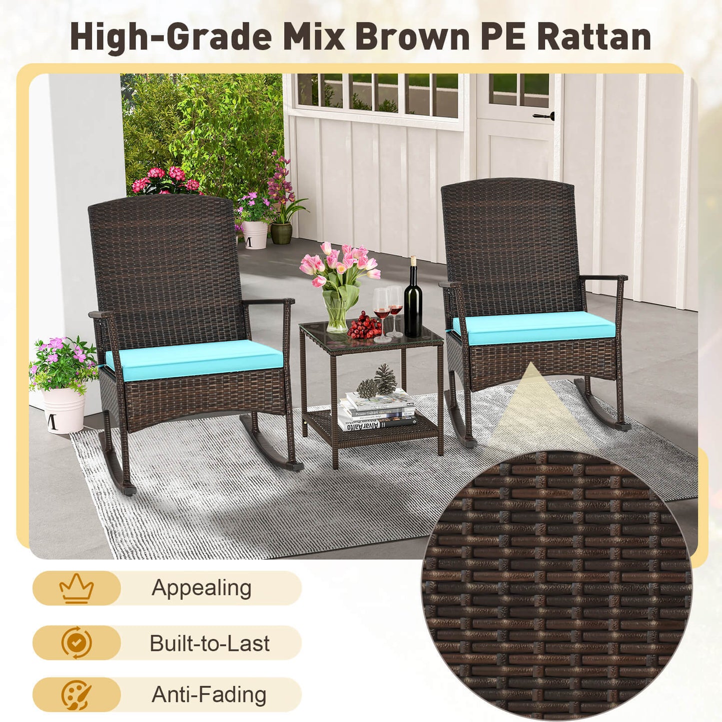 3-Piece Patio Rocking Chair Set with Coffee Table