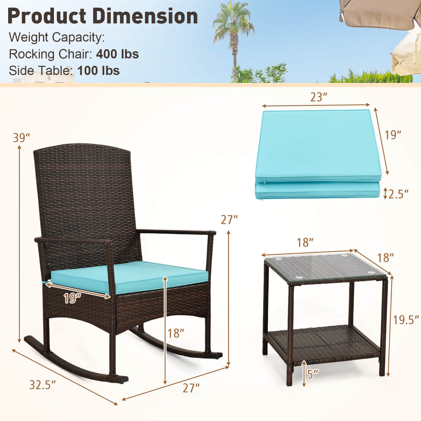 3-Piece Patio Rocking Chair Set with Coffee Table