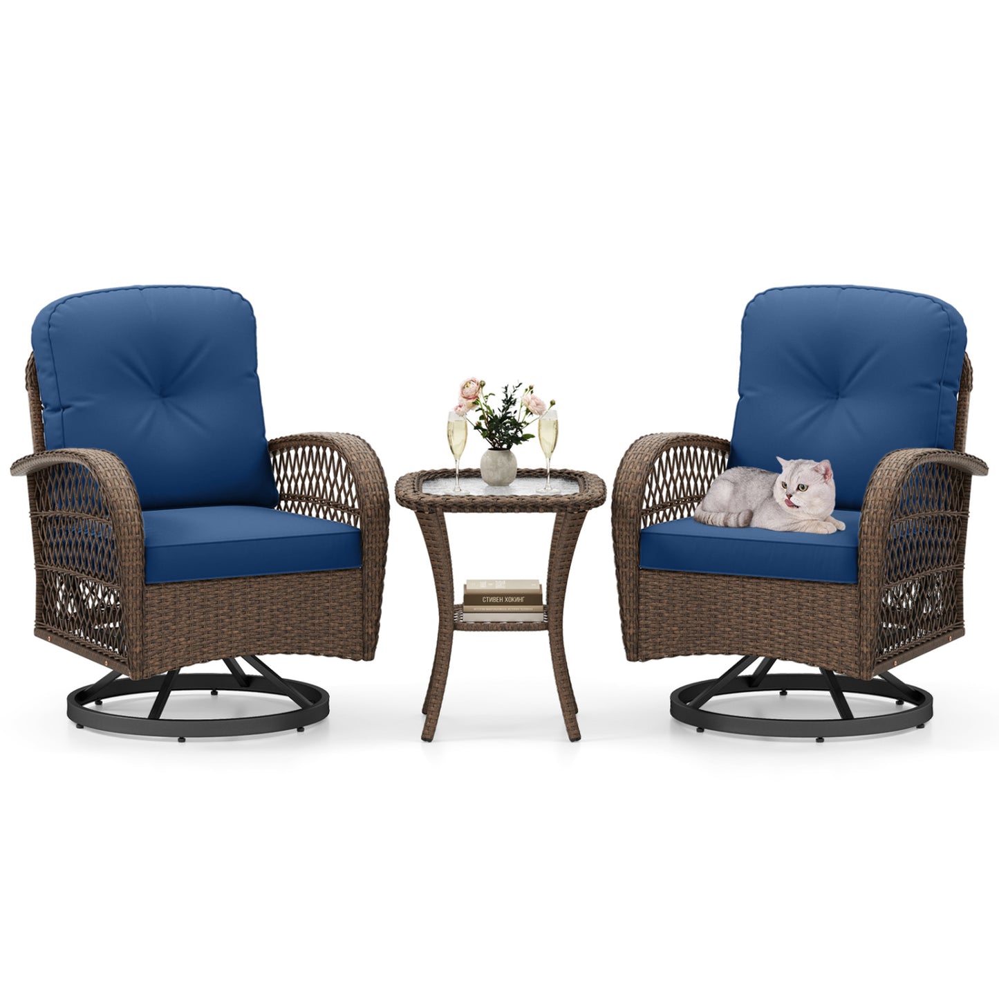 3-Piece Patio Swivel Rocker Set with Glass Side Table