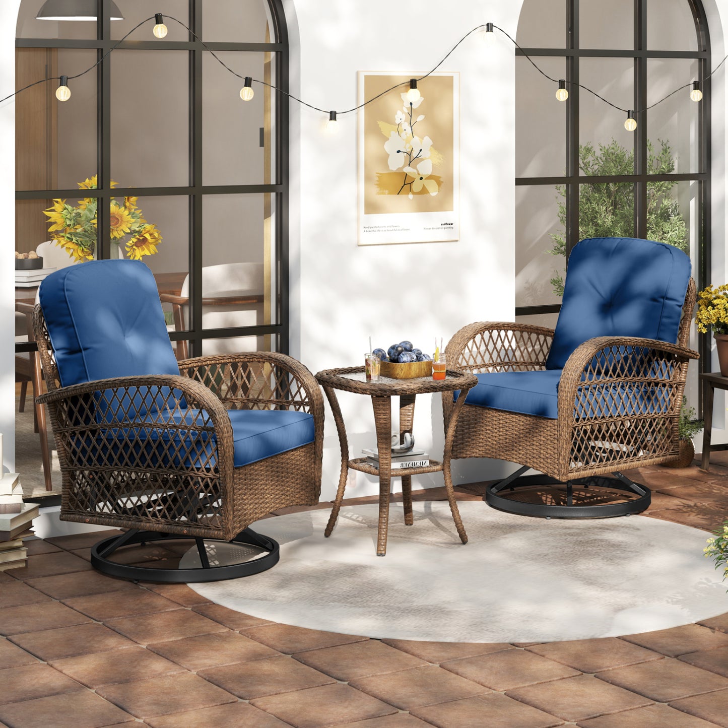 3-Piece Patio Swivel Rocker Set with Glass Side Table