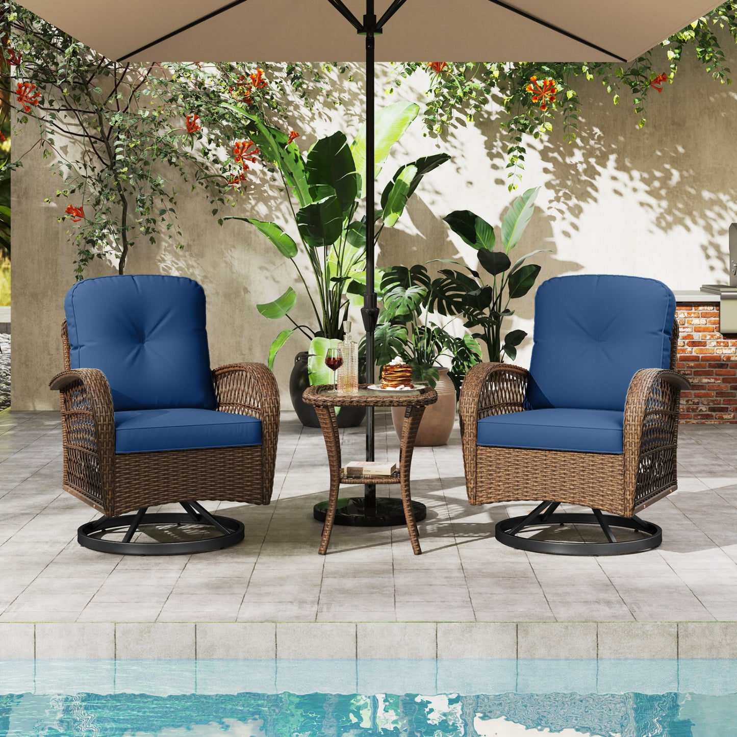 3-Piece Patio Swivel Rocker Set with Glass Side Table