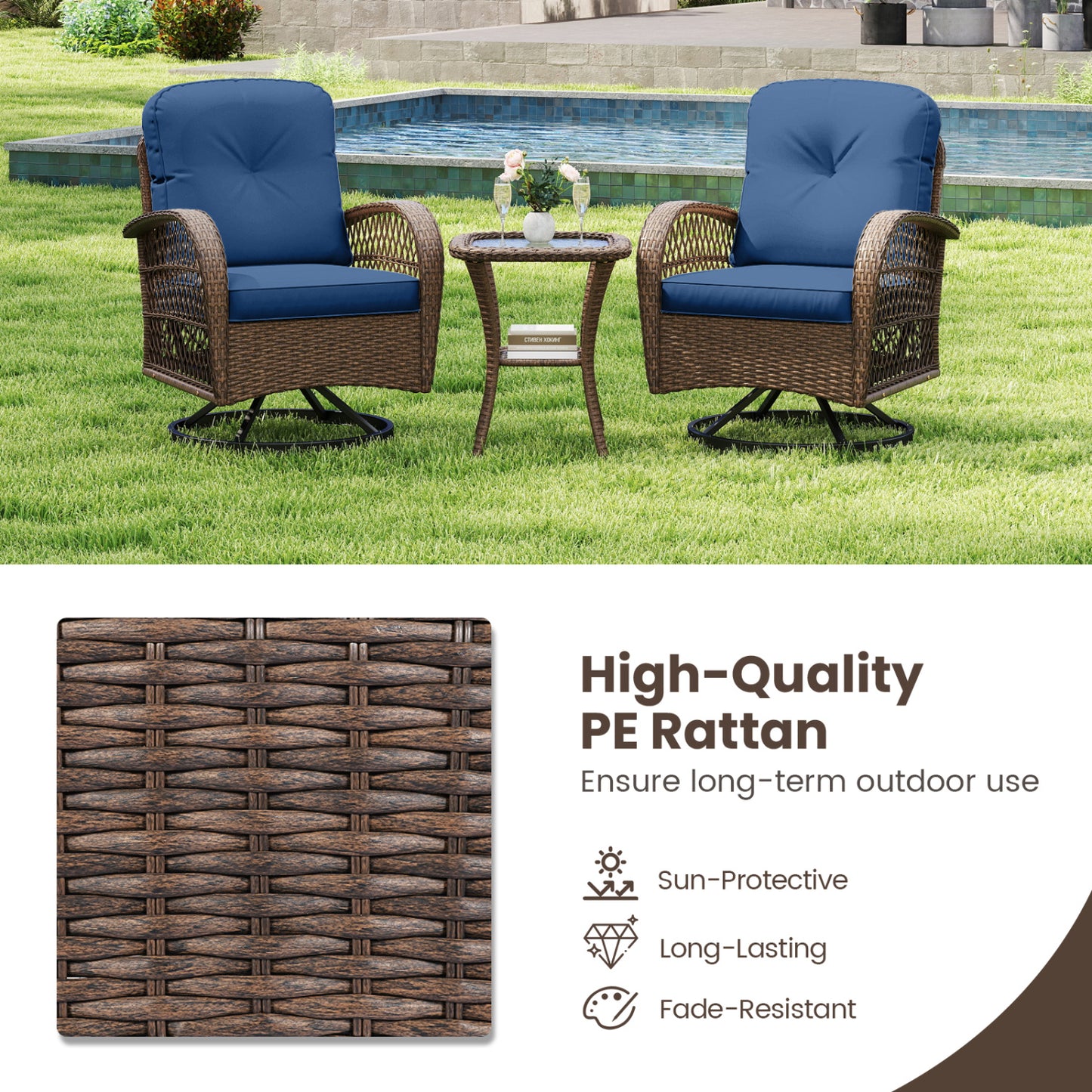 3-Piece Patio Swivel Rocker Set with Glass Side Table