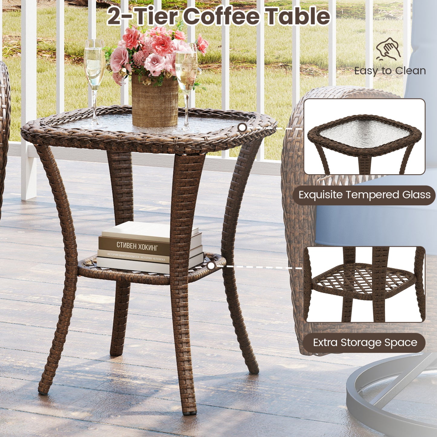 3-Piece Patio Swivel Rocker Set with Glass Side Table