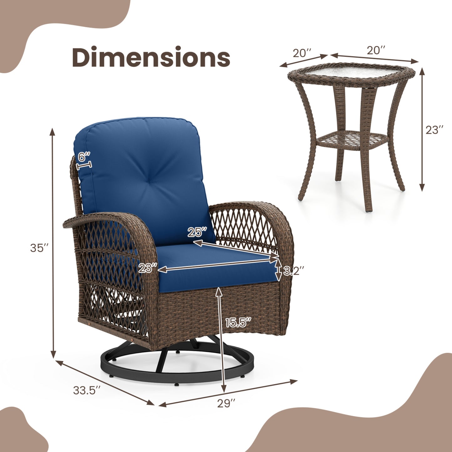 3-Piece Patio Swivel Rocker Set with Glass Side Table