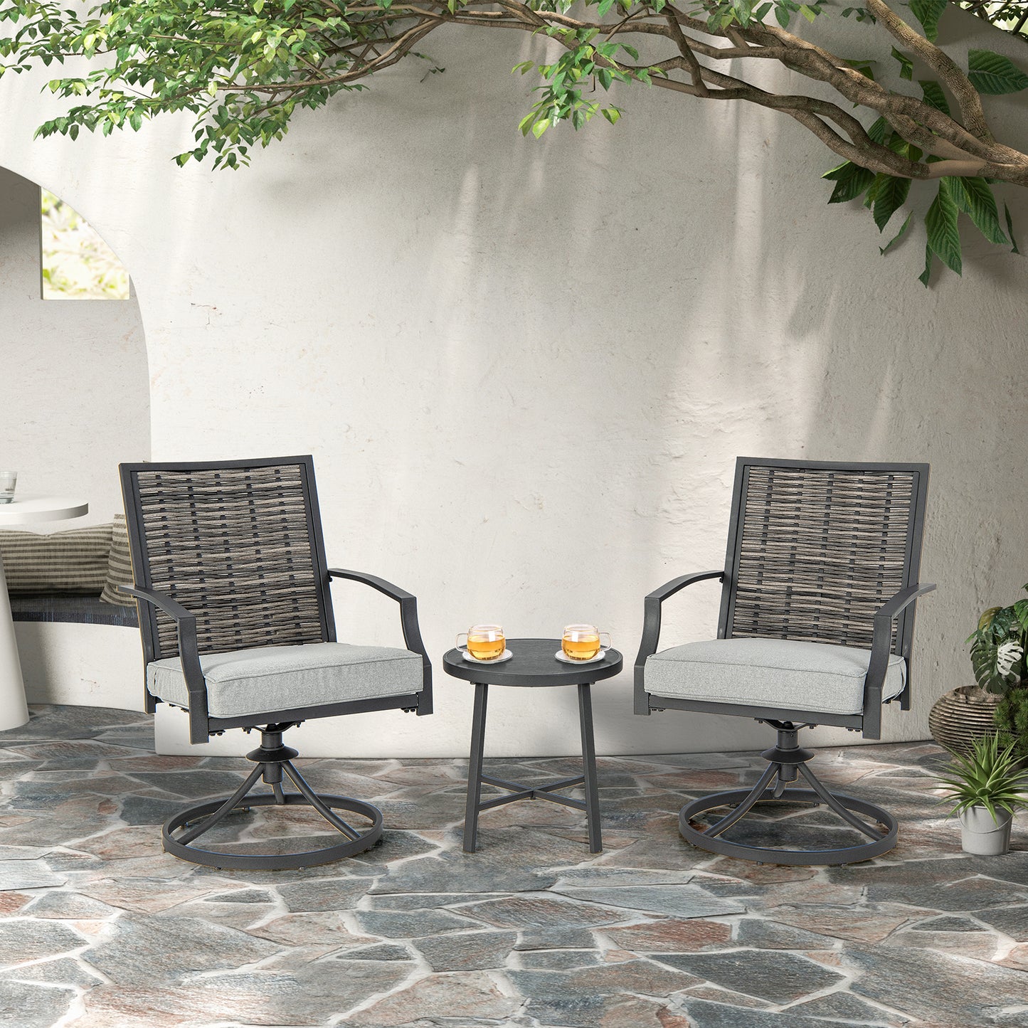 Patio Swivel Chair Set 3-Piece with Cushions and Coffee Table