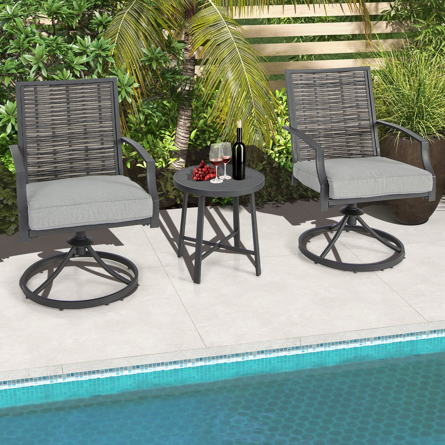 Patio Swivel Chair Set 3-Piece with Cushions and Coffee Table