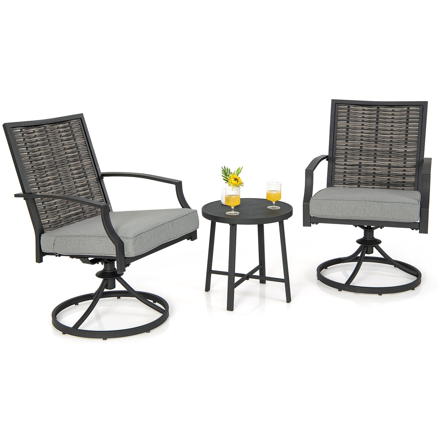 Patio Swivel Chair Set 3-Piece with Cushions and Coffee Table