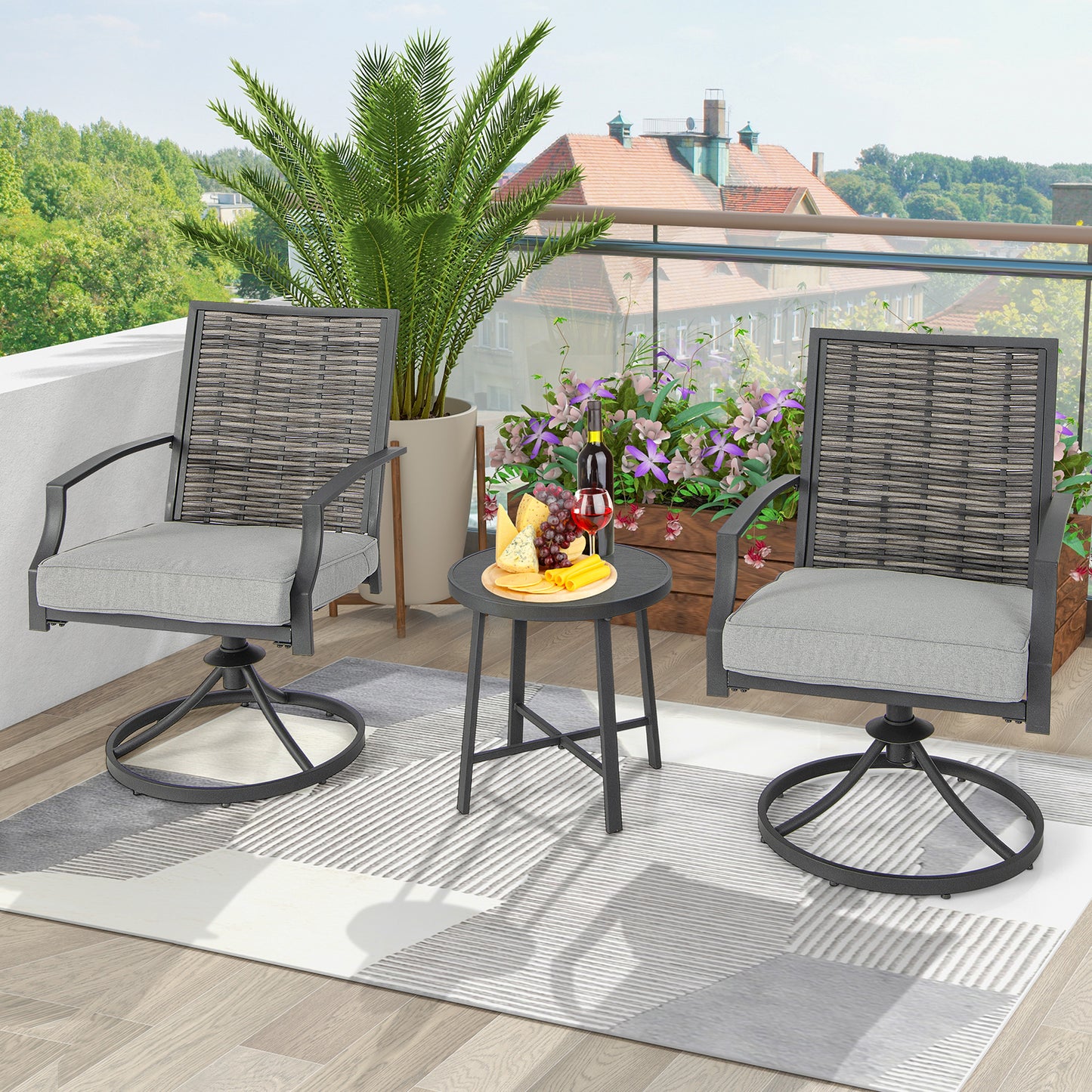 Patio Swivel Chair Set 3-Piece with Cushions and Coffee Table