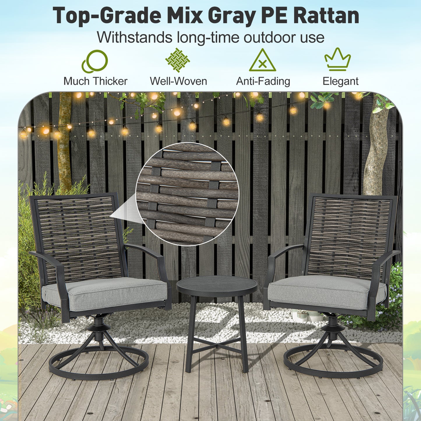 Patio Swivel Chair Set 3-Piece with Cushions and Coffee Table