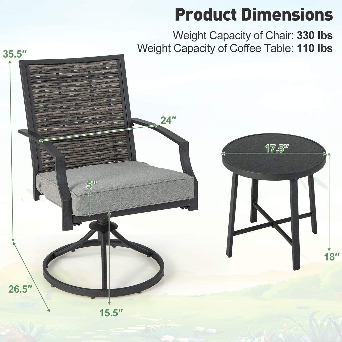 Patio Swivel Chair Set 3-Piece with Cushions and Coffee Table