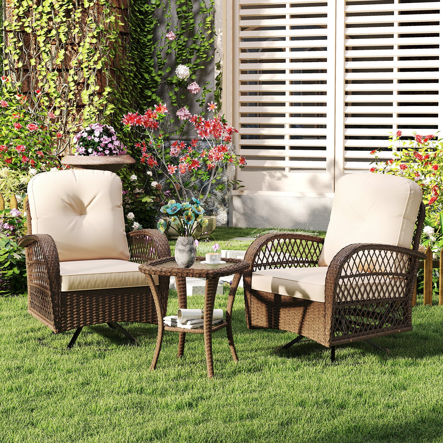 3-Piece Patio Swivel Rocker Set with Glass Side Table