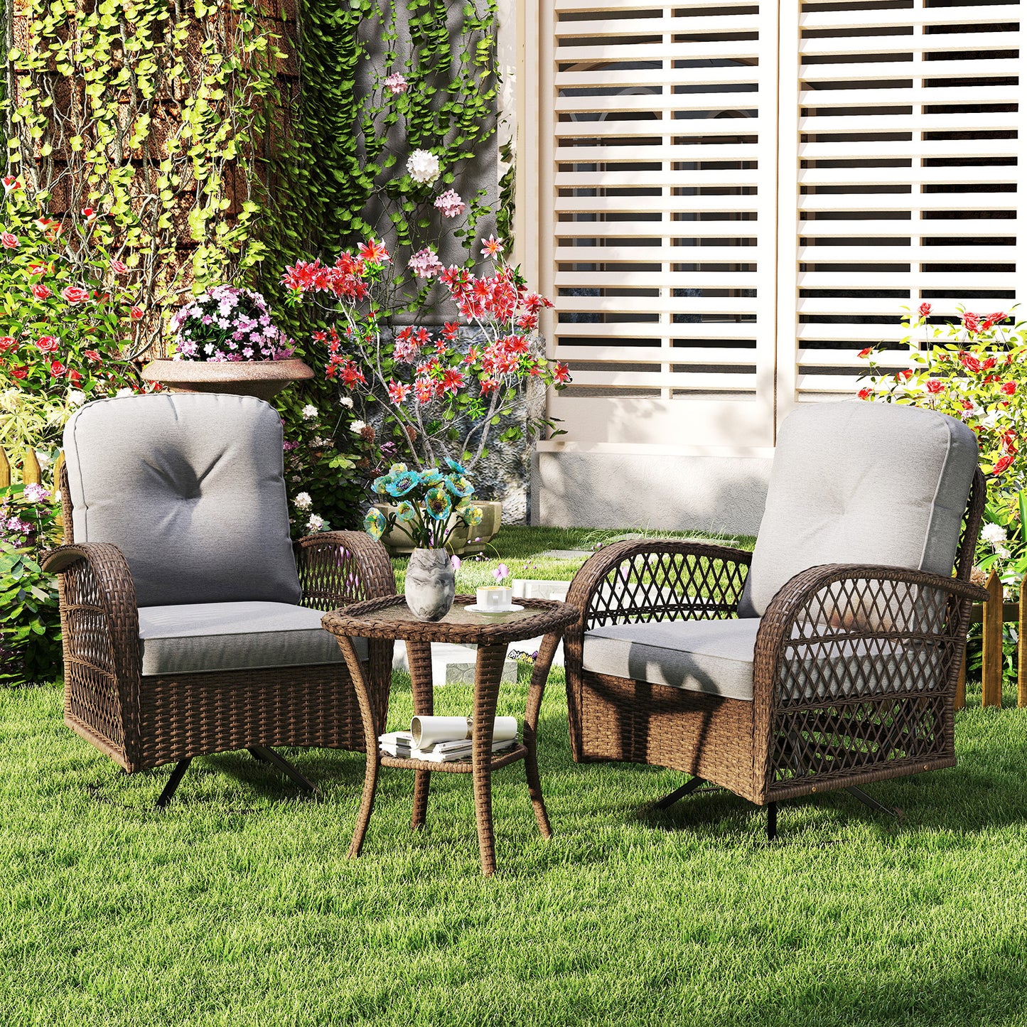 3-Piece Patio Swivel Rocker Set with Glass Side Table