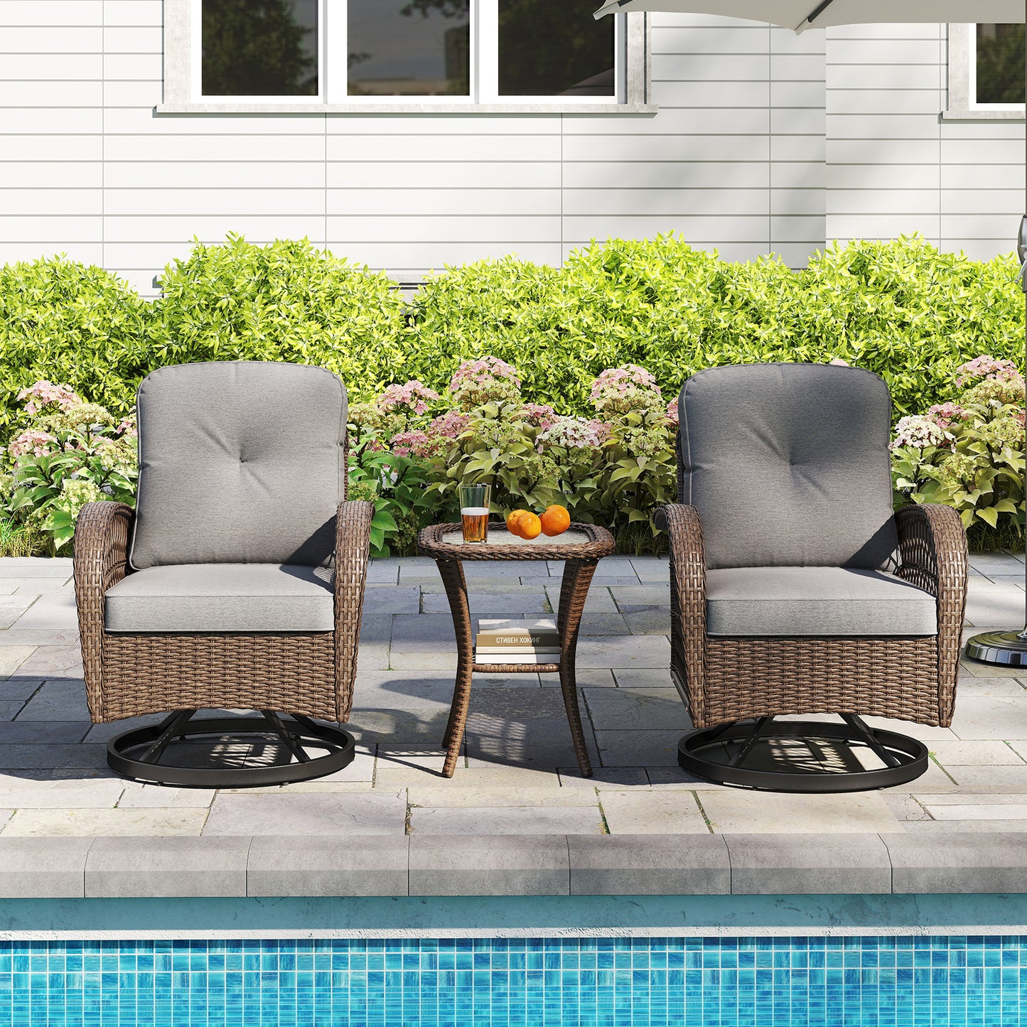 3-Piece Patio Swivel Rocker Set with Glass Side Table