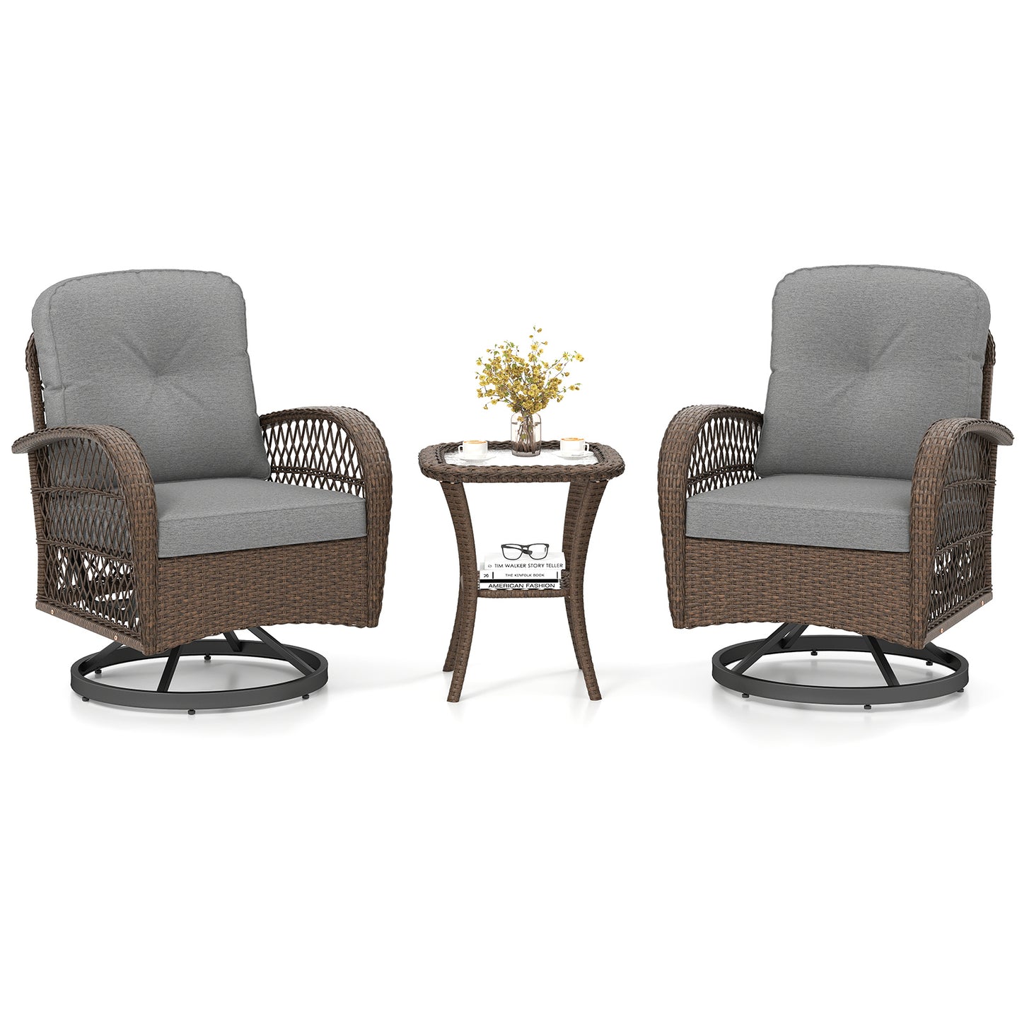 3-Piece Patio Swivel Rocker Set with Glass Side Table