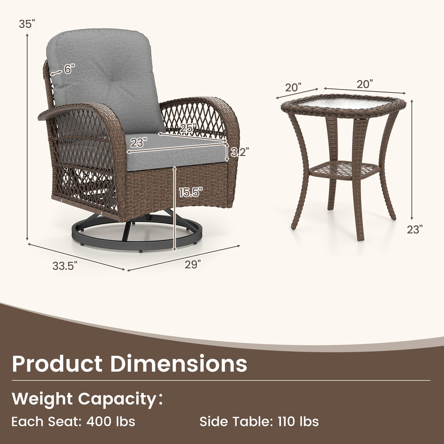 3-Piece Patio Swivel Rocker Set with Glass Side Table
