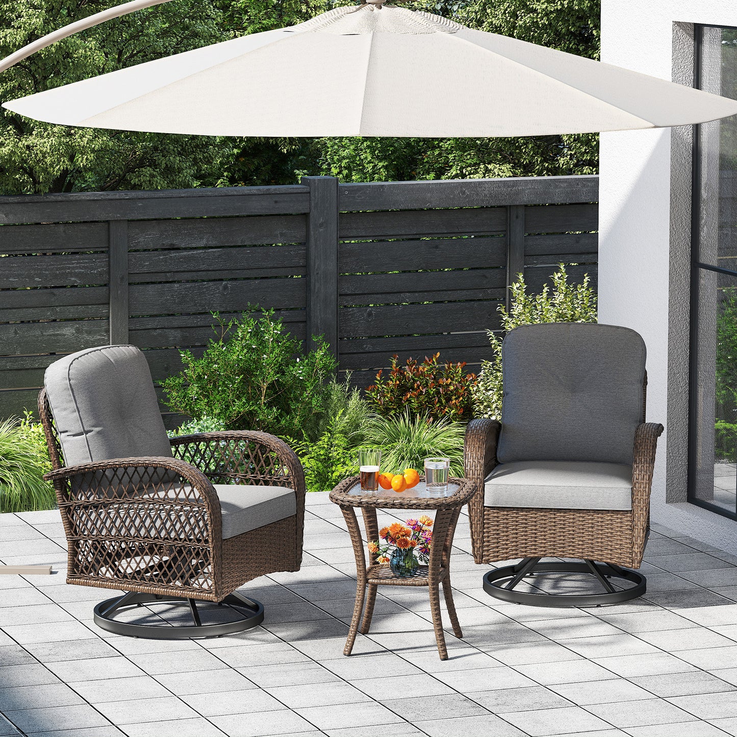 3-Piece Patio Swivel Rocker Set with Glass Side Table
