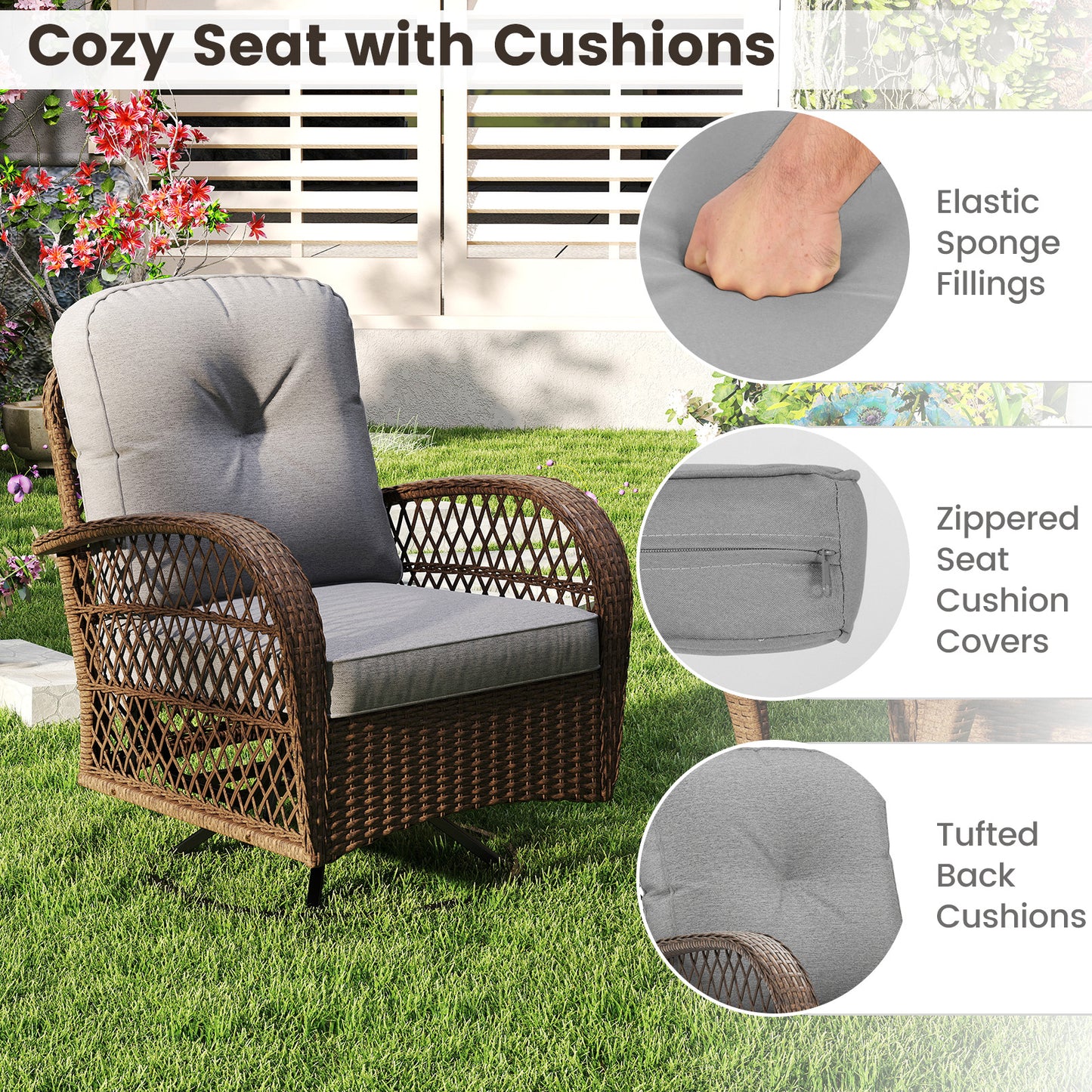 3-Piece Patio Swivel Rocker Set with Glass Side Table