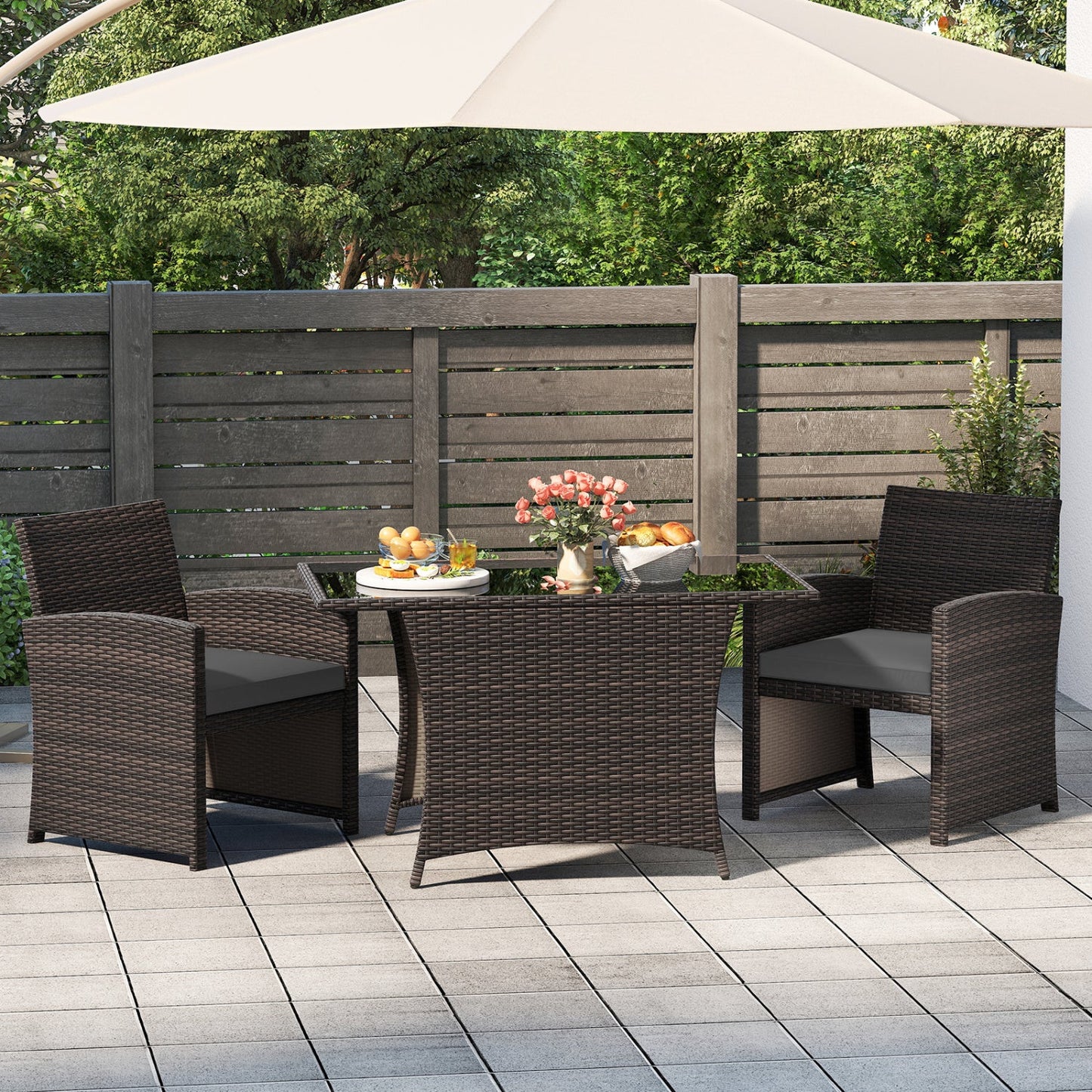 3-Piece Wicker Patio Dining Set with Tempered Glass Table