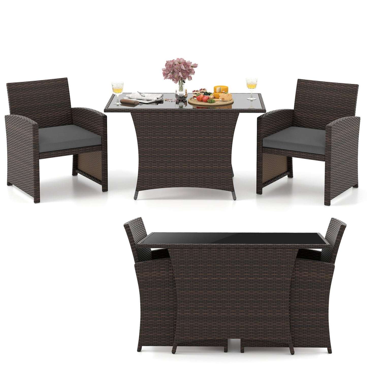 3-Piece Wicker Patio Dining Set with Tempered Glass Table