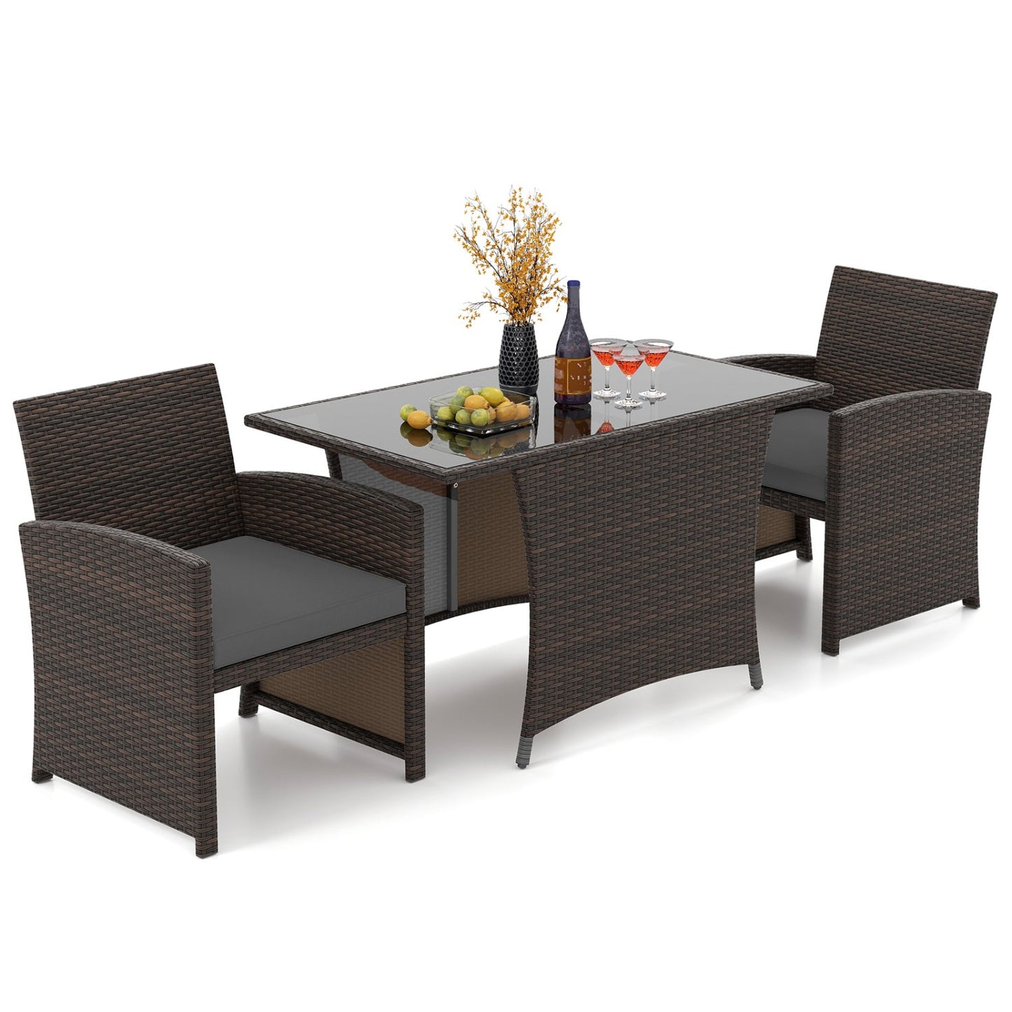 3-Piece Wicker Patio Dining Set with Tempered Glass Table