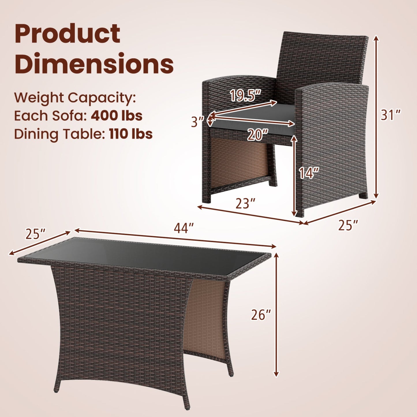 3-Piece Wicker Patio Dining Set with Tempered Glass Table