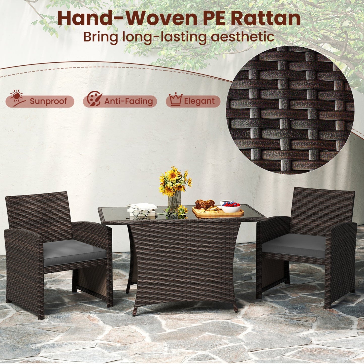 3-Piece Wicker Patio Dining Set with Tempered Glass Table