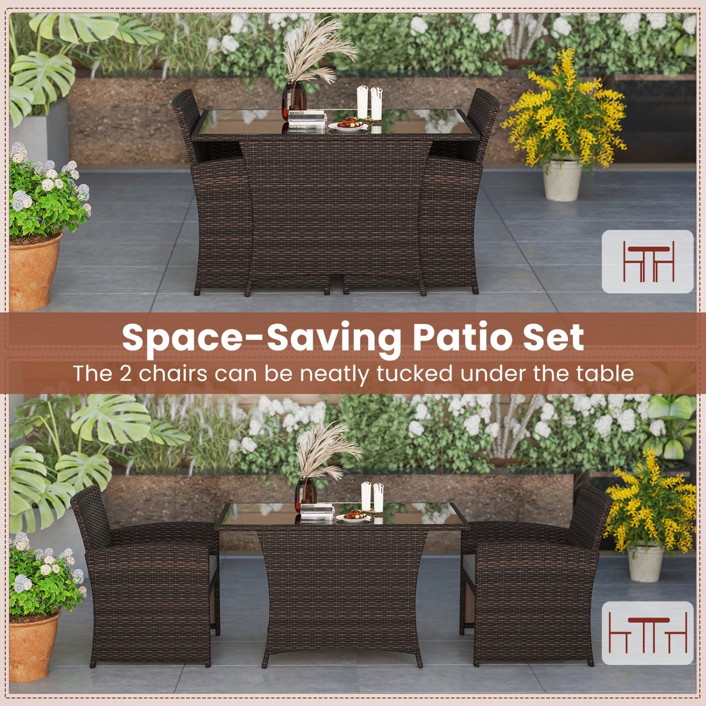 3-Piece Wicker Patio Dining Set with Tempered Glass Table