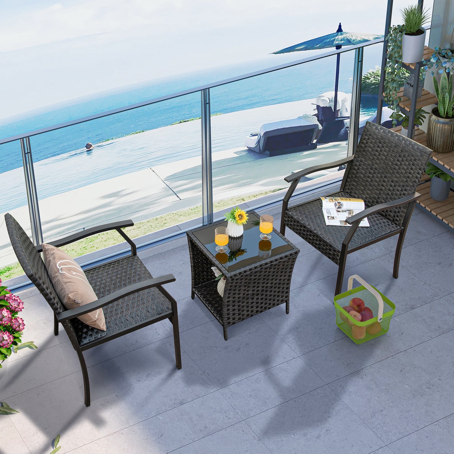 3-Piece Patio Conversation Set with Quick Dry Cushions