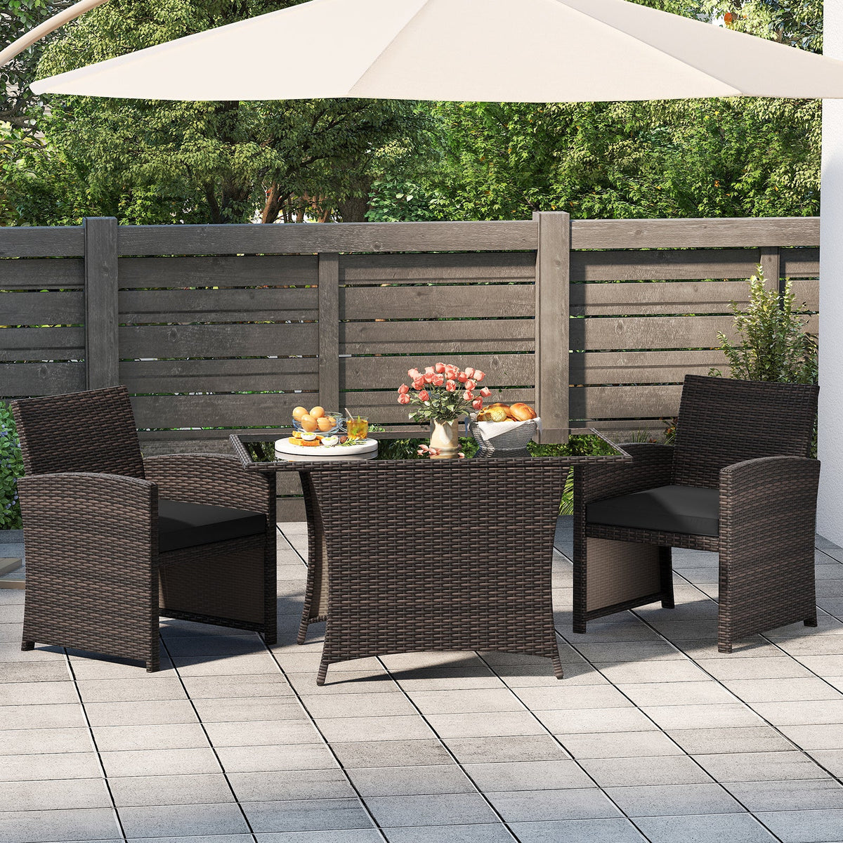 3 Piece Patio Wicker Dining Set with Rectangle Tempered Glass Dining Table-Brown