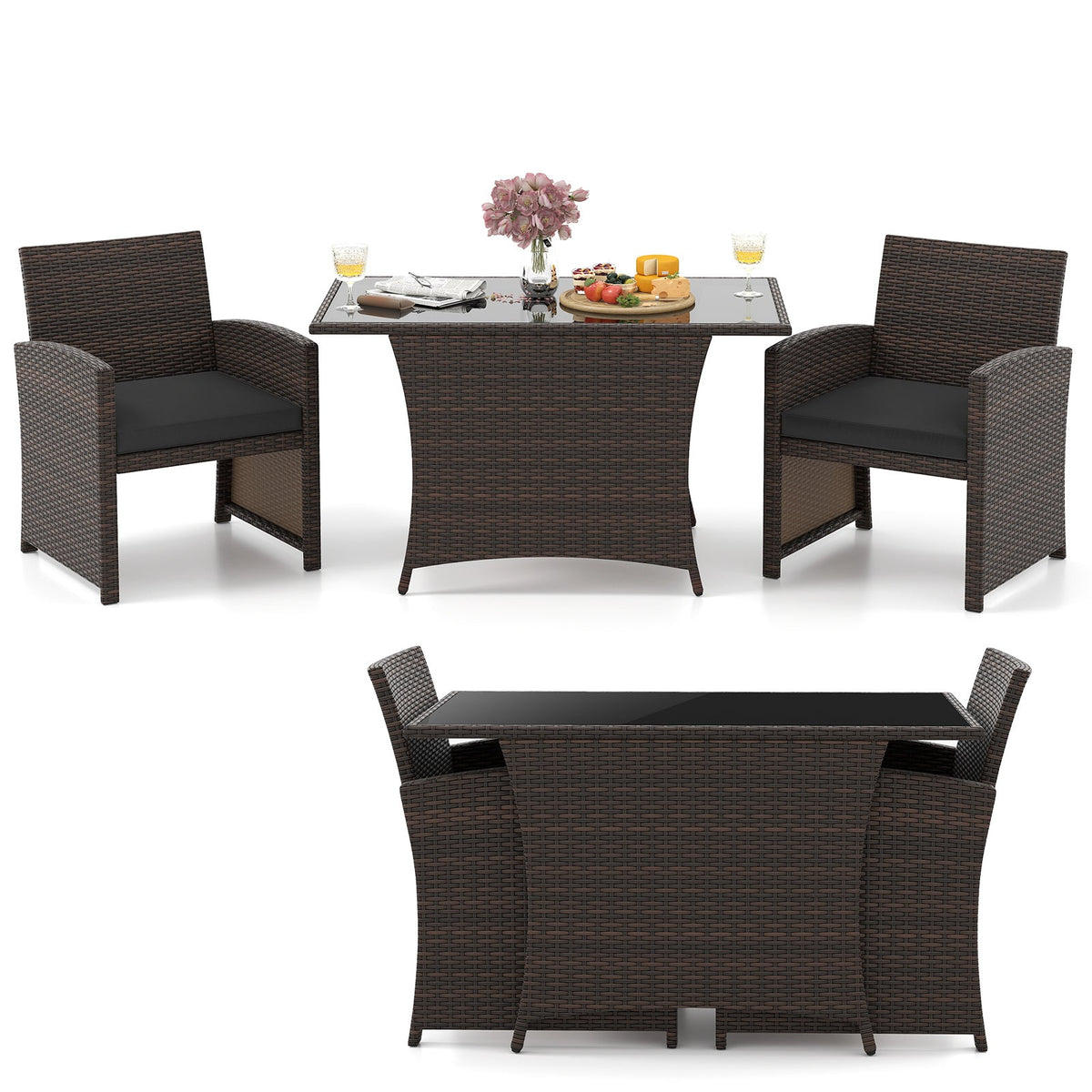 3 Piece Patio Wicker Dining Set with Rectangle Tempered Glass Dining Table-Brown