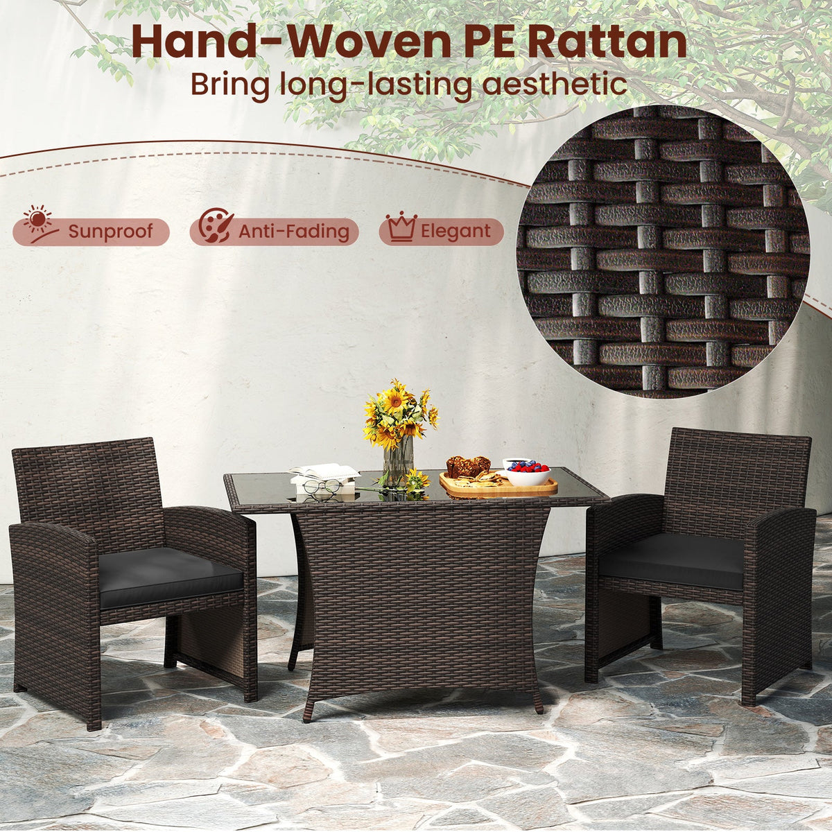 3 Piece Patio Wicker Dining Set with Rectangle Tempered Glass Dining Table-Brown