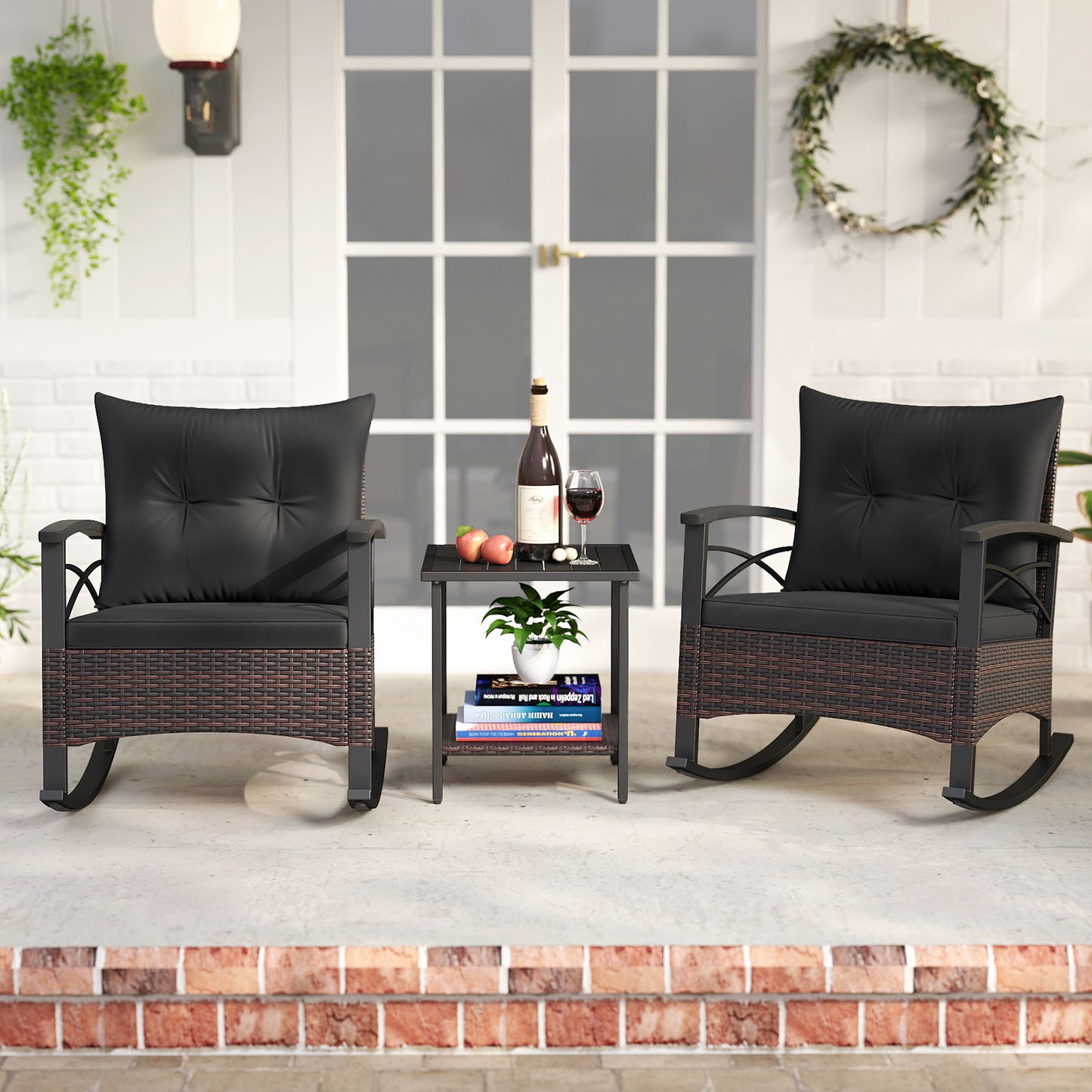 Rocking Bistro Set 3-Piece with PE Rattan Chairs & Wood Table