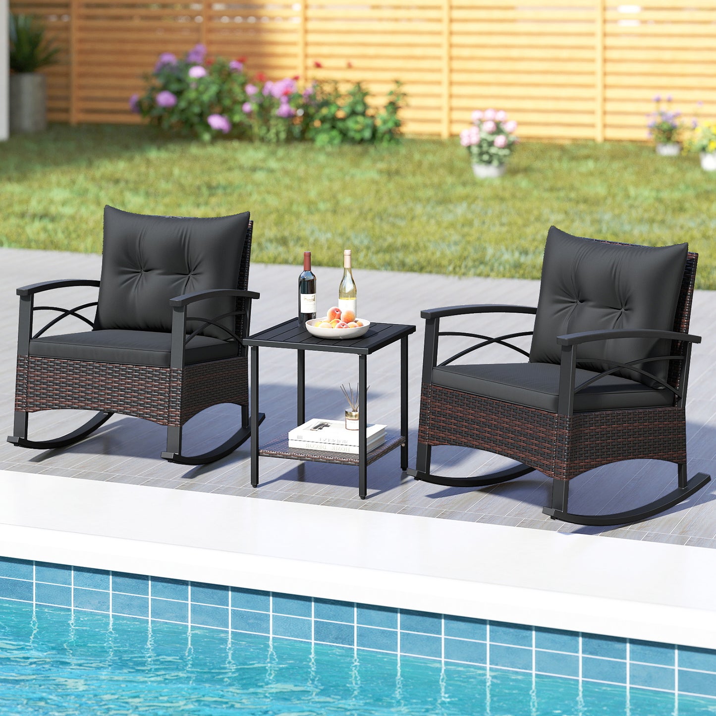 Rocking Bistro Set 3-Piece with PE Rattan Chairs & Wood Table