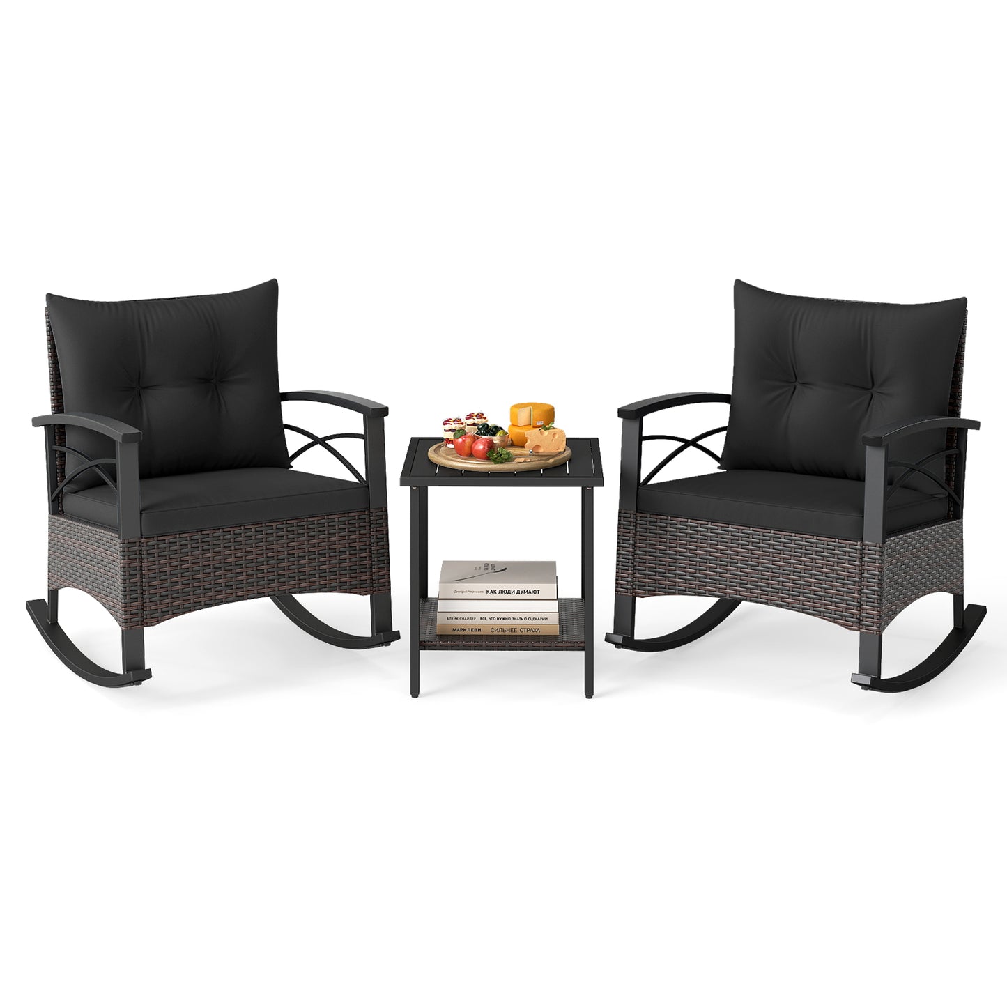 Rocking Bistro Set 3-Piece with PE Rattan Chairs & Wood Table