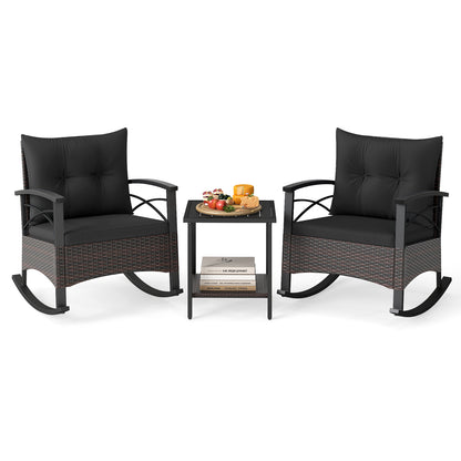 Rocking Bistro Set 3-Piece with PE Rattan Chairs & Wood Table