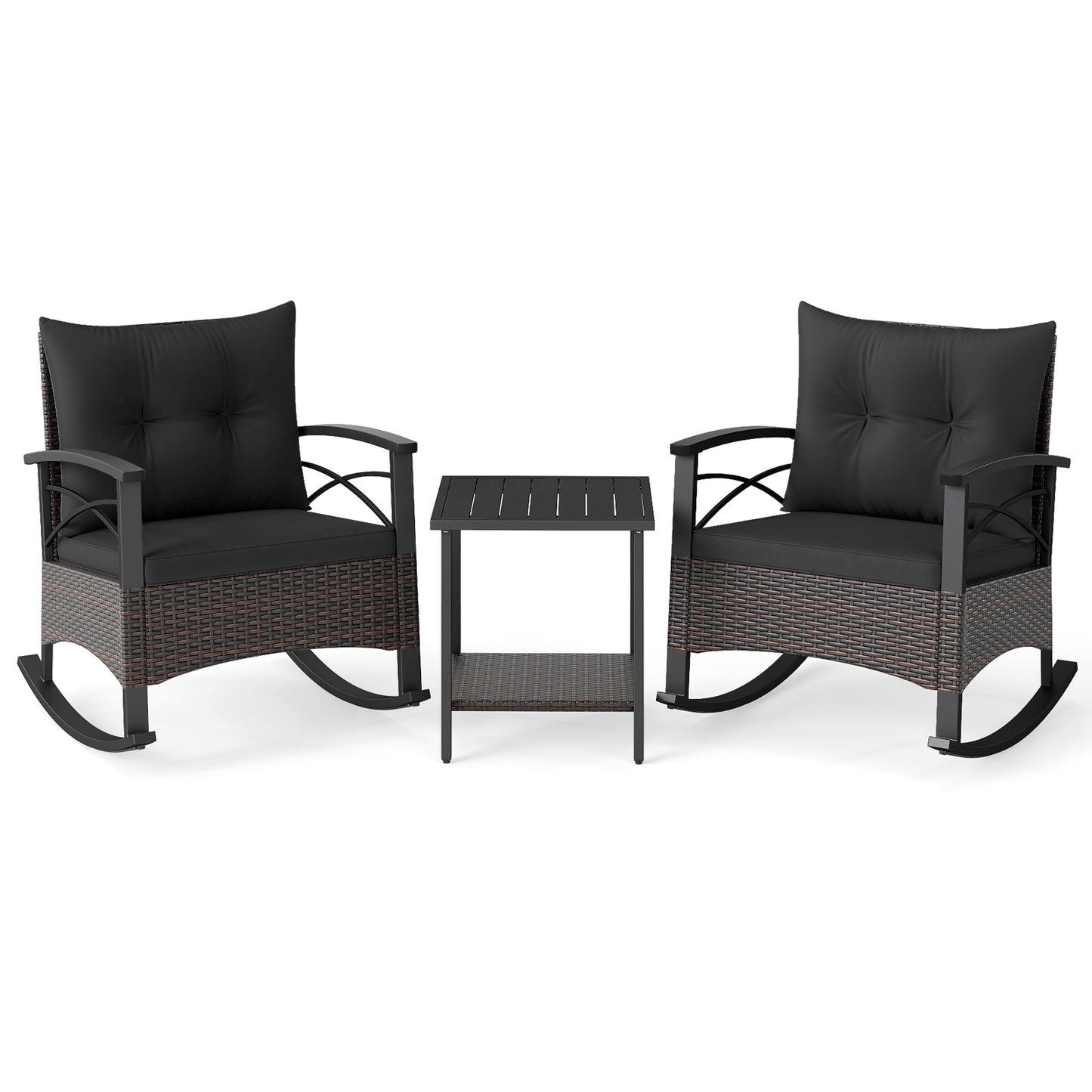 Rocking Bistro Set 3-Piece with PE Rattan Chairs & Wood Table