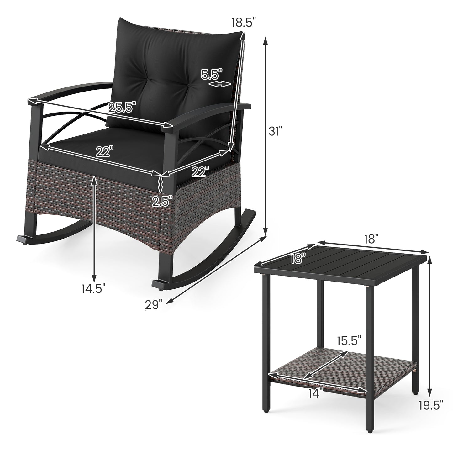 Rocking Bistro Set 3-Piece with PE Rattan Chairs & Wood Table